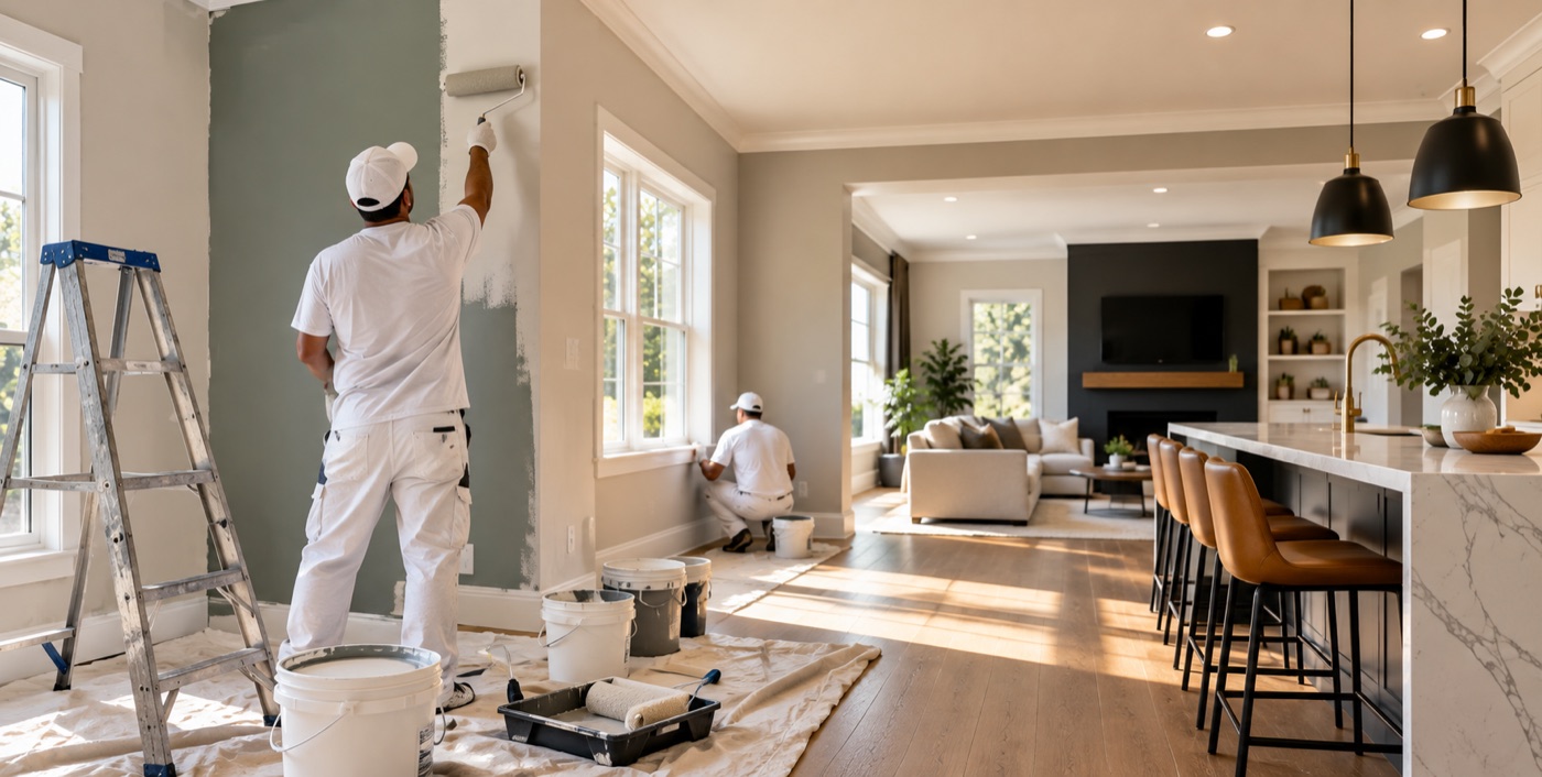 A home interior mid-renovation, with freshly prepared walls and new finishes going in